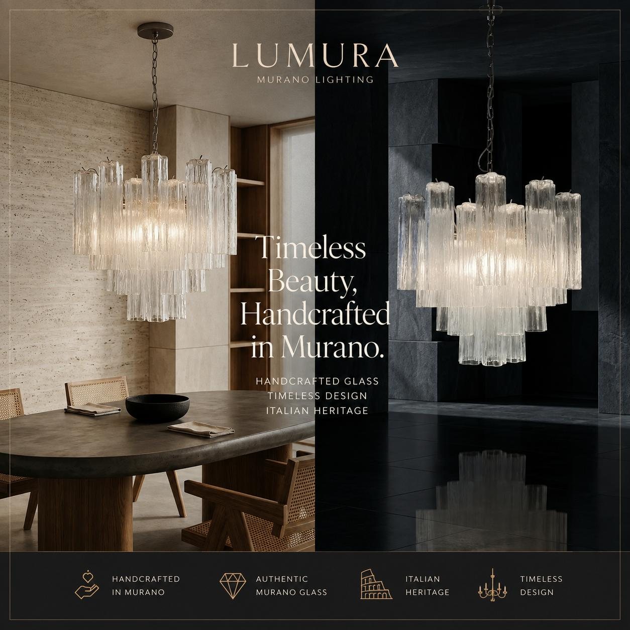 Murano Lighting posteri: tüp biçimli Murano camlarından iki avize